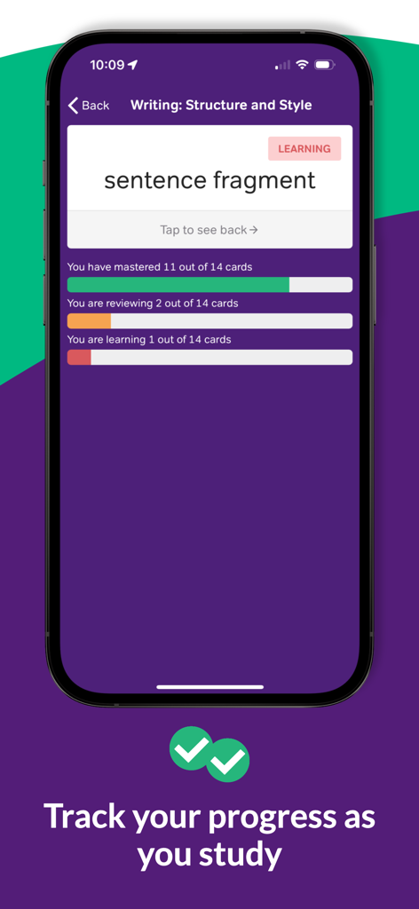 SAT Flashcards: Prep & Vocab - Interfaz de la aplicación Magoosh SAT Flashcards mostrando el progreso de estudio para conceptos de escritura con barras de seguimiento de dominio