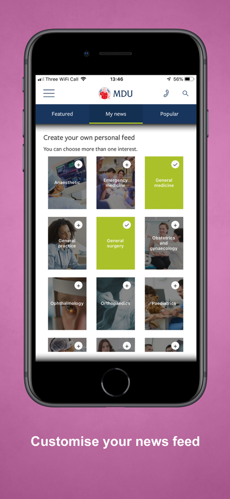 MDU - Tela do aplicativo MDU mostrando opções para personalizar um feed de notícias médicas pessoais por especialidade