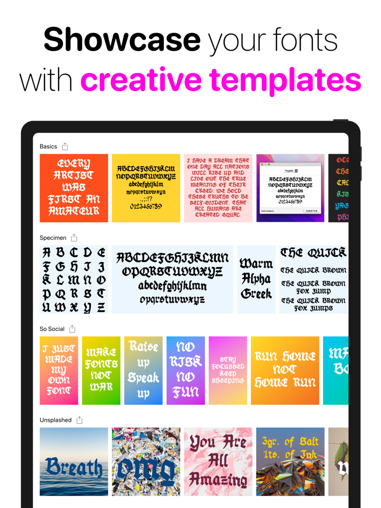 Fontself - Make your own fonts - A collection of creative font templates and typography specimens displayed on an iPad screen within the Fontself app.