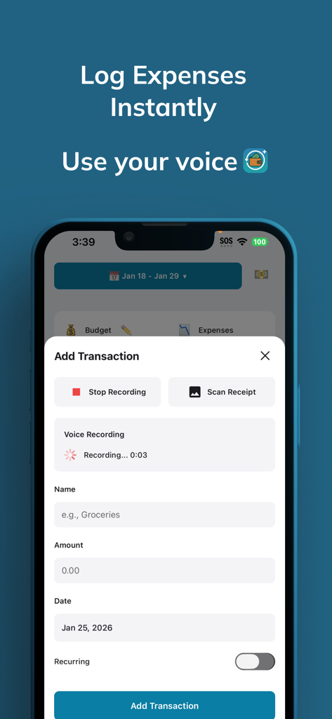 YBUD: Your Budget Planner - YBUD app interface showing the add transaction screen with a voice recording in progress to log an expense