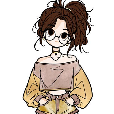 girl with a messy ponytail glasses a baggy crop top and jean shorts