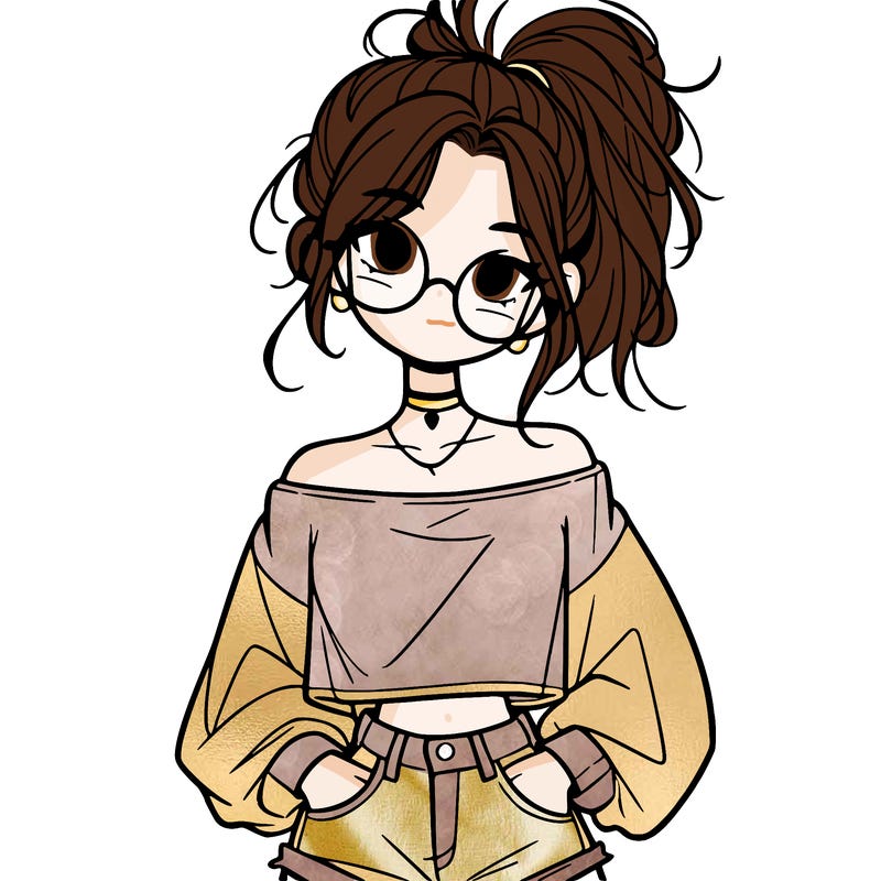 girl with a messy ponytail glasses a baggy crop top and jean shorts