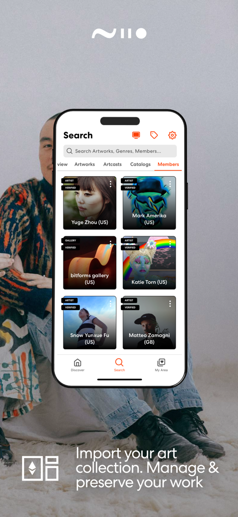 Niio Art app search screen showing a grid of verified digital artists and galleries with a call to action to import and manage art collections.