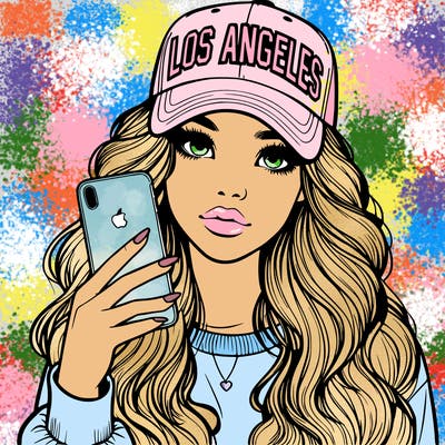realistic beautiful girl wearing los ángeles cap holding an iphone