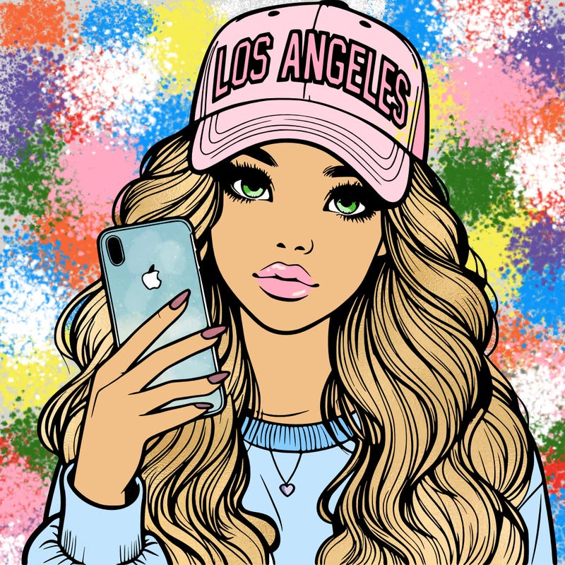realistic beautiful girl wearing los ángeles cap holding an iphone