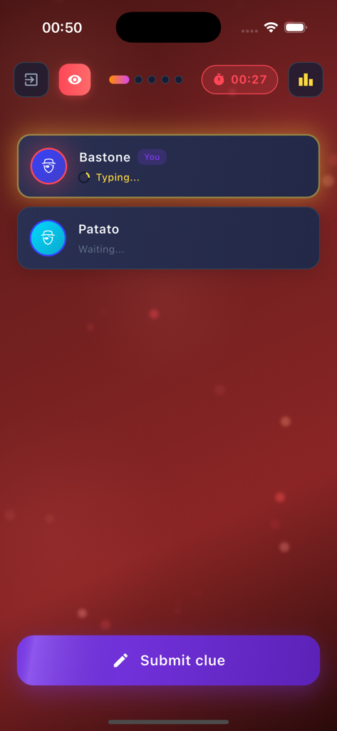 Undercover Mr White - Écran de jeu de Mr. White Incognito montrant l'étape de soumission de l'indice avec les joueurs et un compte à rebours.