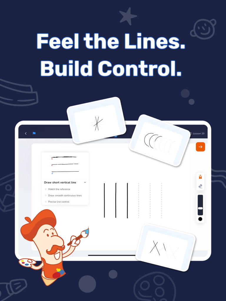 Artlexis app interface showing step-by-step line control drawing exercises on an iPad.