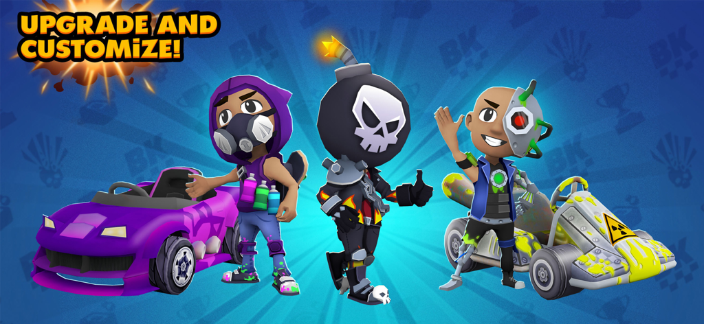 Boom Karts Multiplayer Racing - Tres avatares de personajes personalizados y dos karts de carreras destacando la función de mejora y personalización