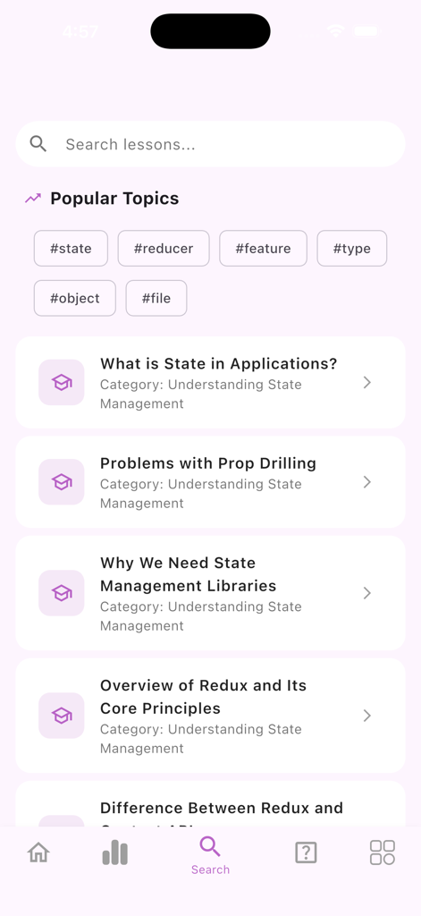 Learn Redux - Search screen of the Learn Redux app showing popular topics and state management lessons