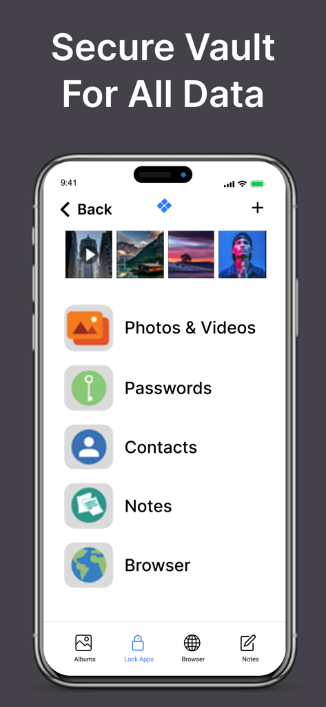 Eine mobile Oberfläche, die Kategorien zur Sicherung von Fotos, Passwörtern, Kontakten und Notizen in einem privaten Tresor zeigt