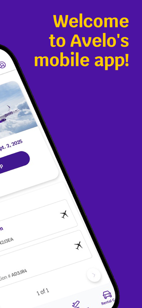 Avelo - Welcome screen of the Avelo mobile app showing flight trip management and navigation icons