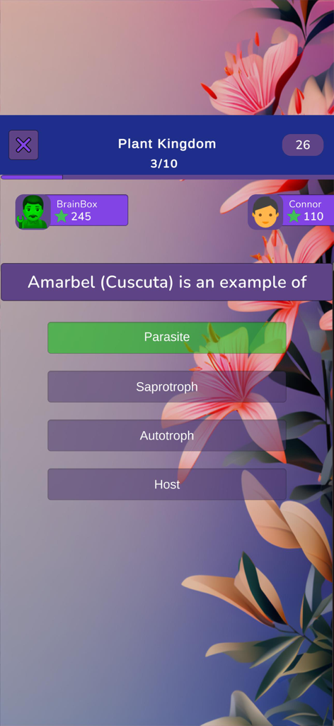 Botany Knowledge Quiz - タイマーとプレイヤーのスコアが表示された、植物分類に関するマルチプレイヤー植物学クイズの問題。