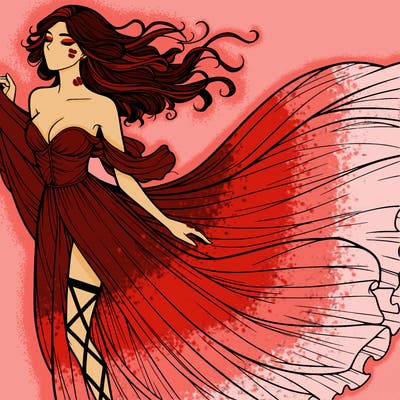 realistic woman in dress flowing the the wind