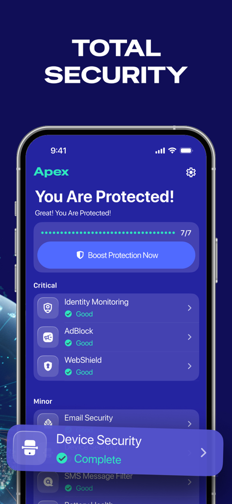 Apex app interface showing a protected status and security features like identity monitoring.