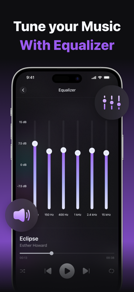 Music Equalizer: Bass Tuner. - Smartphone screen showing a professional multi-band music equalizer for manual audio tuning.