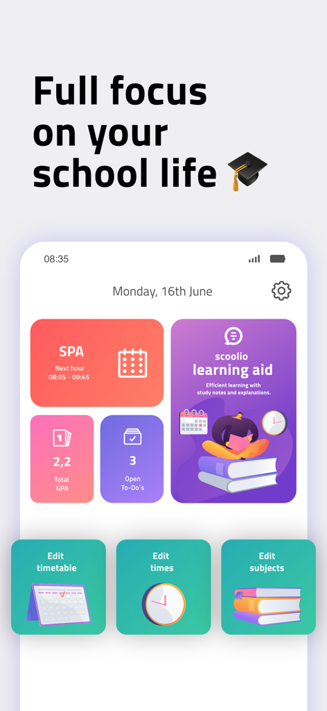 Dashboard der scoolio Pro App mit Stundenplan, Noten-Tracker und Lernhilfe für Schüler
