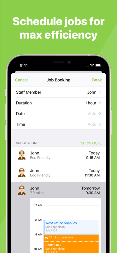Mobile app screen for booking jobs and managing staff schedules efficiently