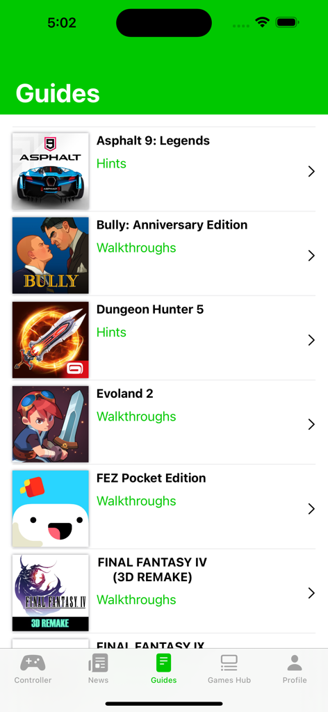 Eine Liste von mobilen Spiel-Anleitungen und Walkthroughs für Controller-kompatible Spiele, einschließlich Asphalt 9 und Bully.