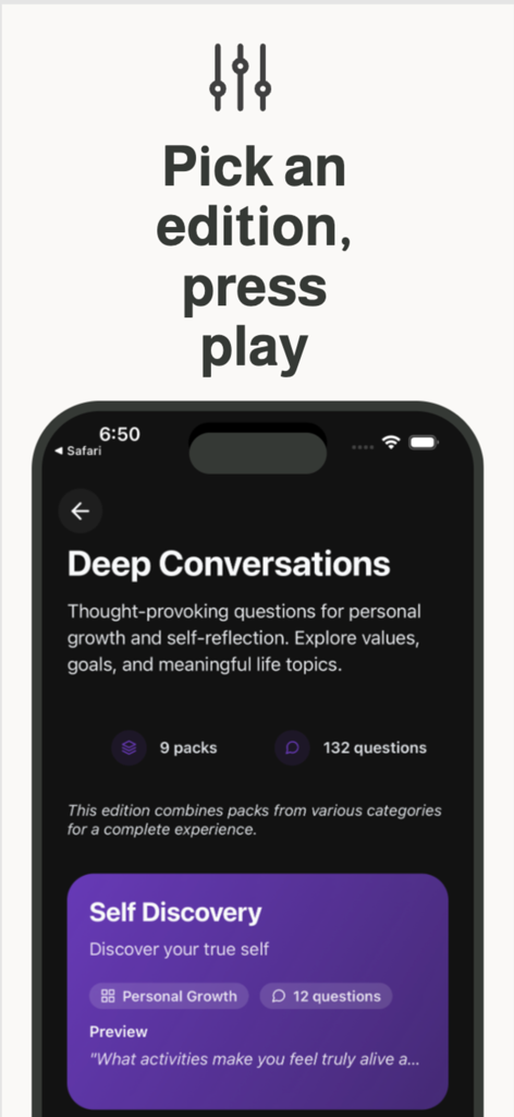 Deckio - Conversation Cards - Interface of the Deckio app showing the Deep Conversations edition with a Self Discovery card pack