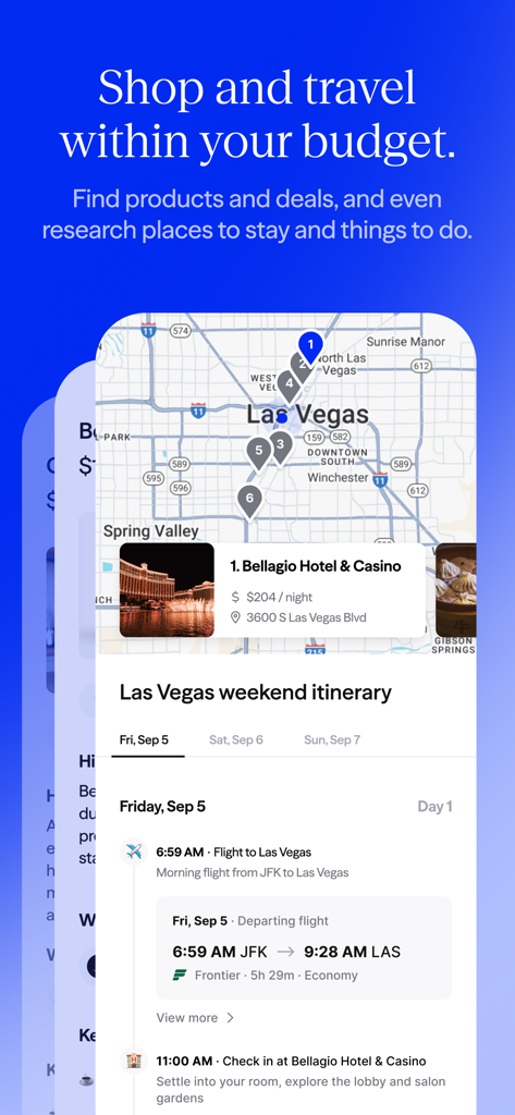 Schermata di pianificazione viaggi dell'app Albert che mostra un itinerario per il weekend a Las Vegas e la mappa dell'hotel.
