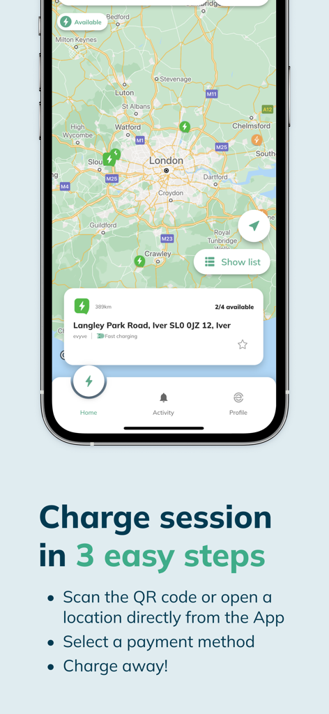 evyve - Smartphone displaying the evyve app map with EV charging locations and a three-step guide to starting a charge session.