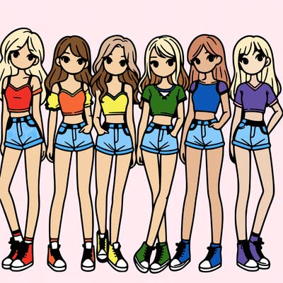 a group of girls wearing crop tops and shorts