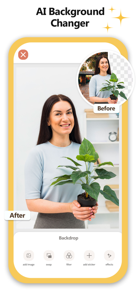 Easy Photo Background Changer - AI背景チェンジャーツールを使用する前と後を示す女性と植物の比較