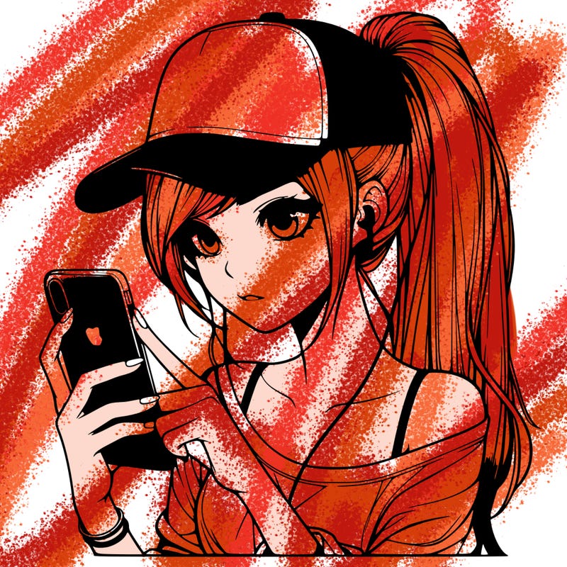 realistic girl with a long ponytail and trucker hat holding an iphone