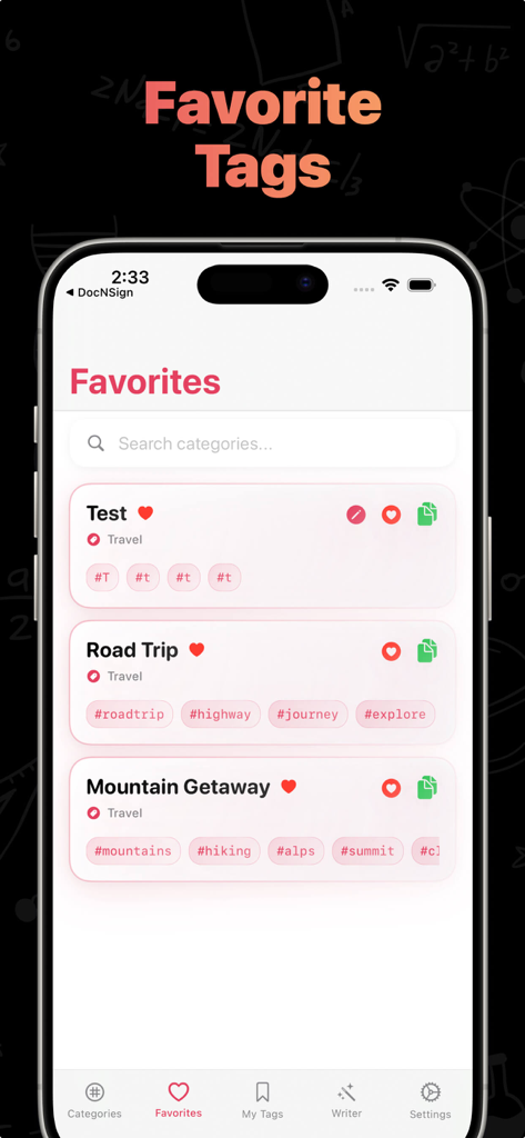 Get Followers & Likes Boost - The Favorites screen of the app showing organized hashtag groups for travel and road trip content.