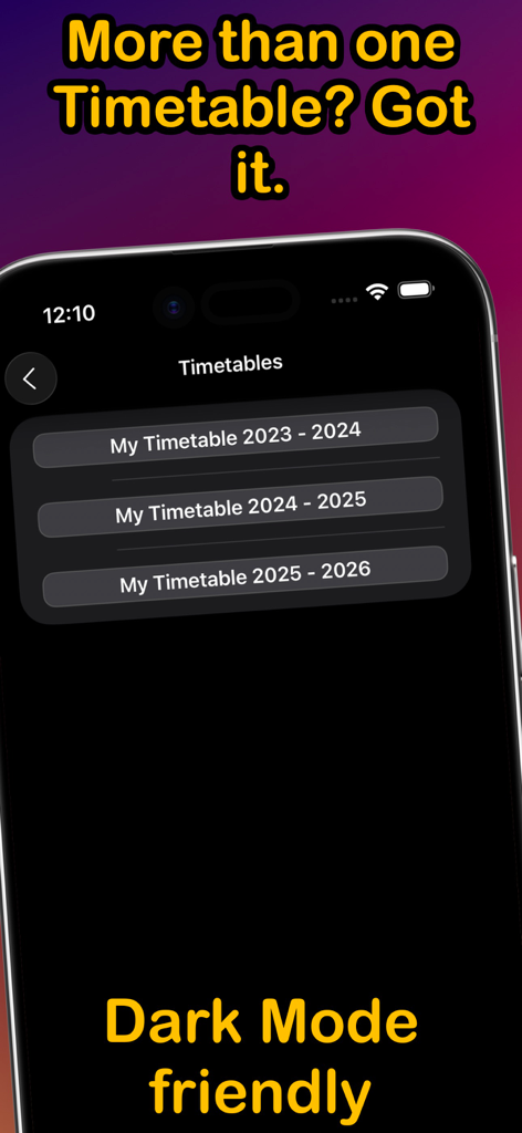 School Timetable Pro Schedule - iPhone screen showing multiple academic year schedules in the School Timetable Pro app with dark mode enabled.