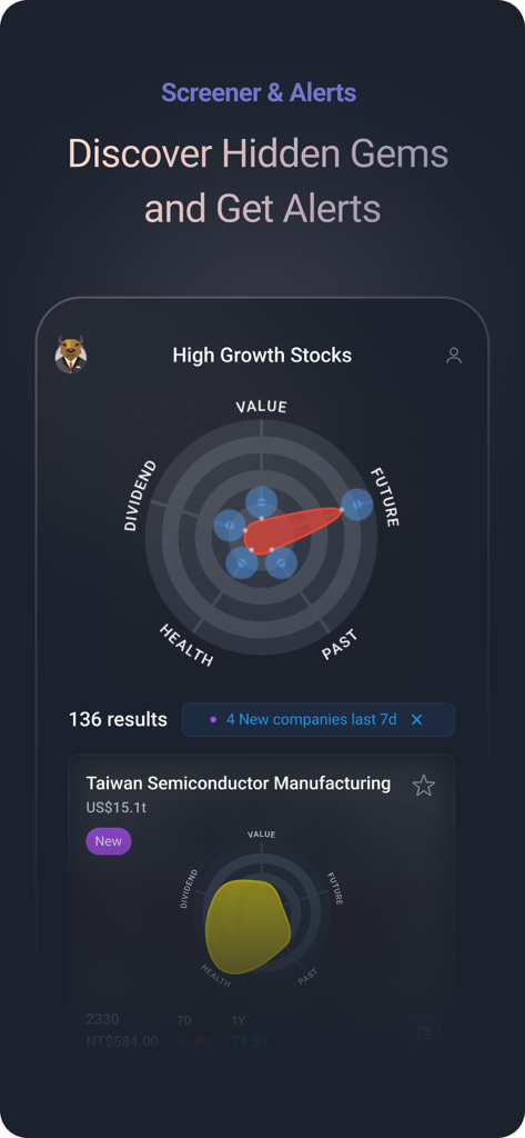 Simply Wall St stock screener interface showing visual snowflake analysis for high growth stocks