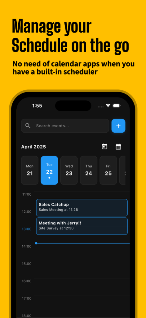 In-app scheduler for door-to-door sales representatives showing daily meetings and events