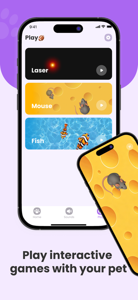 Interactive pet games screen in Pet Talk Translator app showing laser mouse and fish options