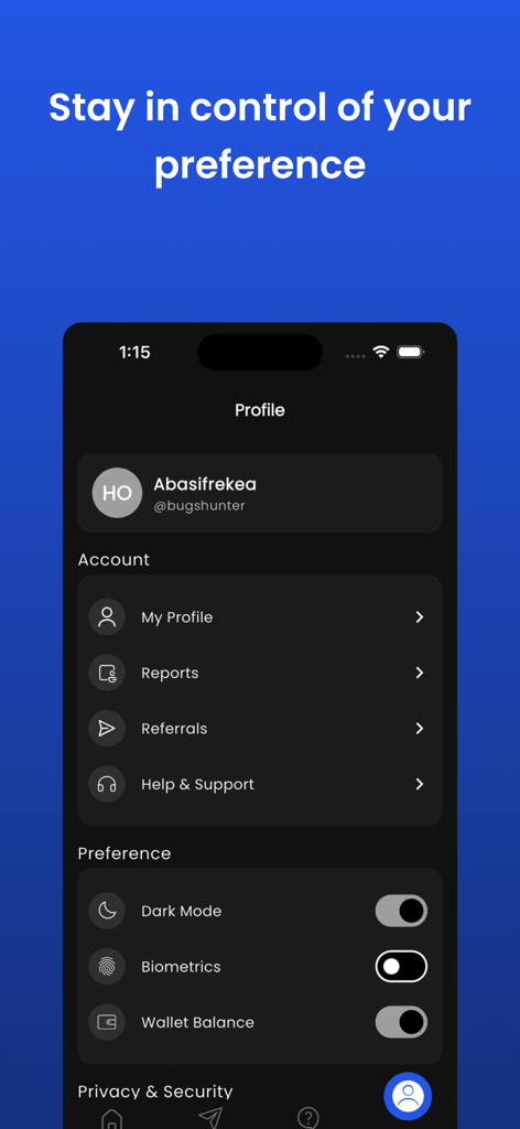 Billpoint - Billpoint app user profile interface displaying account settings and preferences.