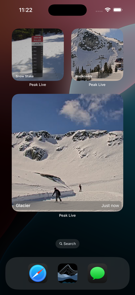 Whistler Peak Live - iPhone home screen showing real-time snow ruler and mountain widgets for Whistler Peak Live