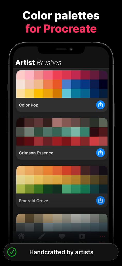 Procreate에서 디지털 아트를 위한 수제 색상 팔레트를 보여주는 Artist Brushes 앱의 스크린샷