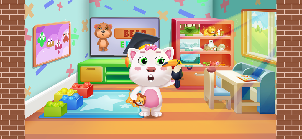 Panda Care: Panda's Life World - A cute cat character wearing a graduation cap in a colorful educational playroom with animal toys and math symbols