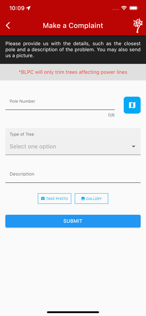 BLPC Connect - Interface of the BLPC Connect app showing a form to report tree issues with options to add photos and descriptions