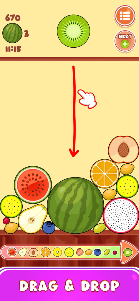 Gameplay screenshot of Watermelon Game Juicy Merge showing a kiwi fruit being dropped into a pile of diverse colorful fruits