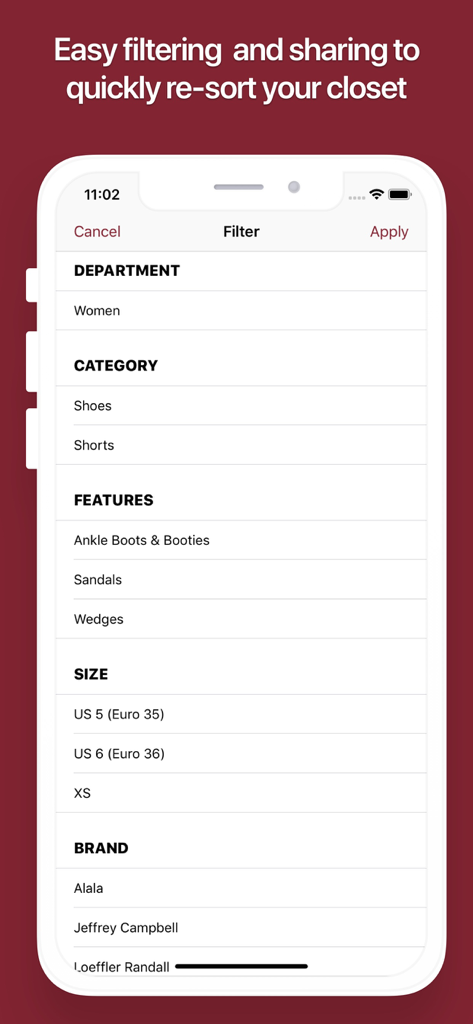 ClosetMate filter screen showing options for Poshmark inventory by department category and size