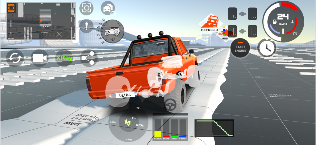 DriveCSX Car Crash Simulator - Orange truck in X-ray mode showing internal components and physics in DriveCSX simulator