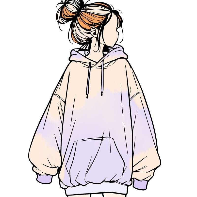 realistic girl with a oversized sweatshirt on and a bun