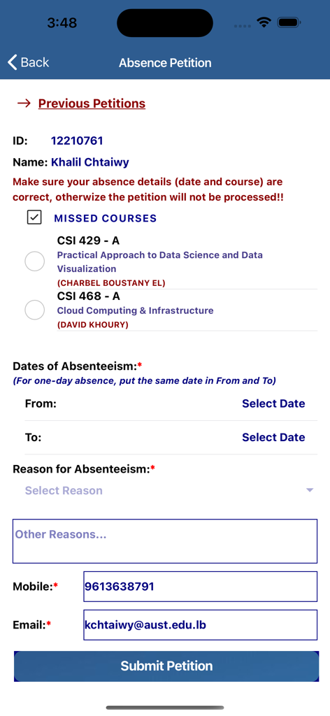AUST - Abwesenheitsantragsformular in der AUST-Universitäts-Mobil-App