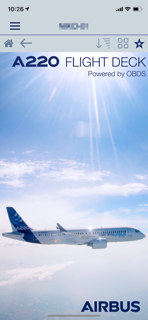 Home screen of the Airbus A220 Flight Deck app featuring an A220 aircraft flying above the clouds.