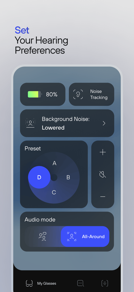Nuance Audio app interface showing hearing preferences including noise management and preset sound settings