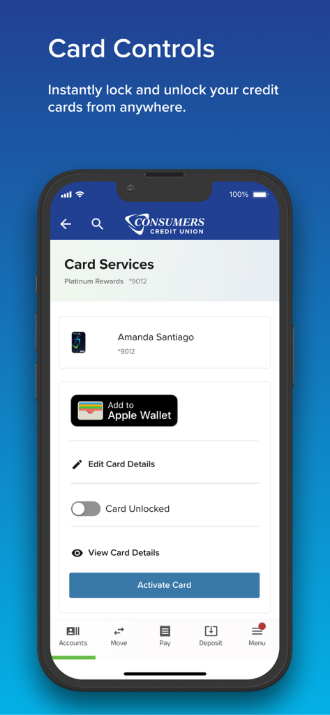 Consumers Credit Union mobile app screen showing card controls to instantly lock and unlock credit cards.