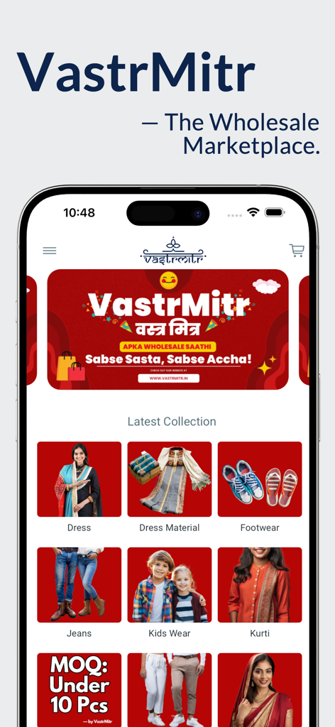 VastrMitr: Bulk, Wholesale App - Screenshot of the VastrMitr mobile app home screen showcasing wholesale categories like dresses, jeans, and footwear with a MOQ under 10 pieces badge.