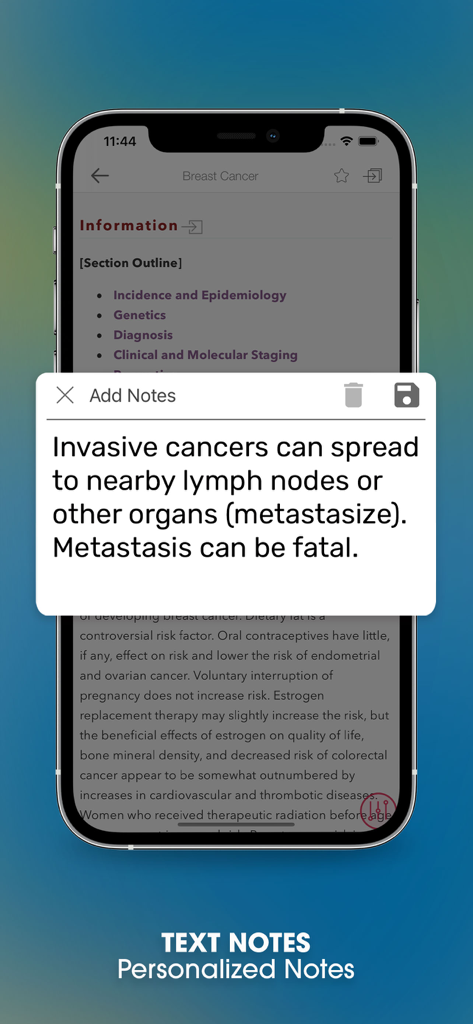 Personalized text notes feature on a medical disease page in Harrison's Manual of Medicine app