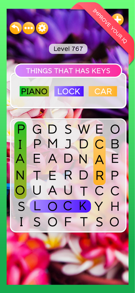 A word search level in the Word Voyage game showing words like piano and lock found in a letter grid.