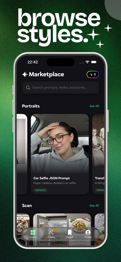 Prompt Market: AI Studio - Prompt Market AI Studio app marketplace screen displaying different AI image generation styles and prompts